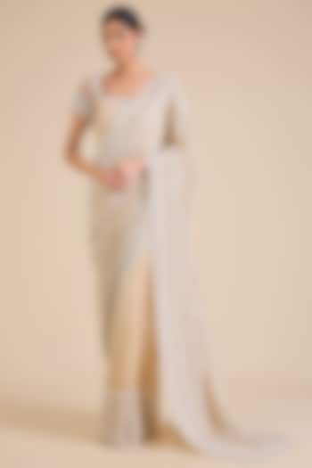 Beige Georgette Crystal Embroidered Pre-Draped Bridal Saree Set by Cherie D at Pernia's Pop Up Shop