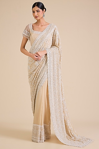 Beige Georgette Crystal Embroidered Pre-Draped Saree Set by Cherie D