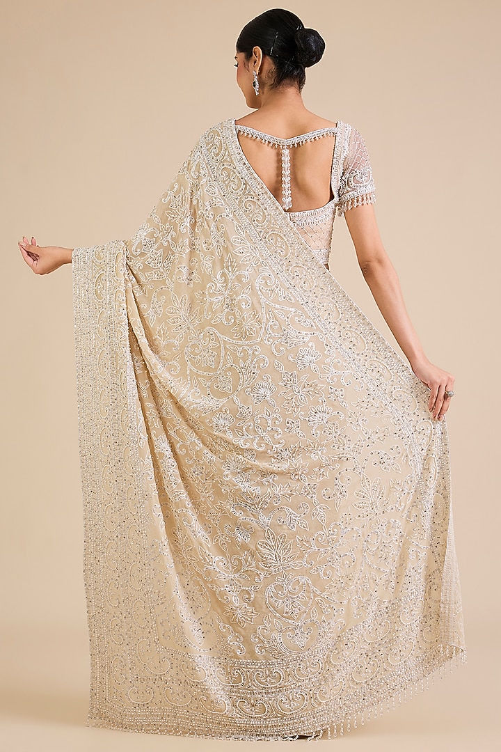 Beige Georgette Crystal Embroidered Pre-Draped Bridal Saree Set by Cherie D at Pernia's Pop Up Shop