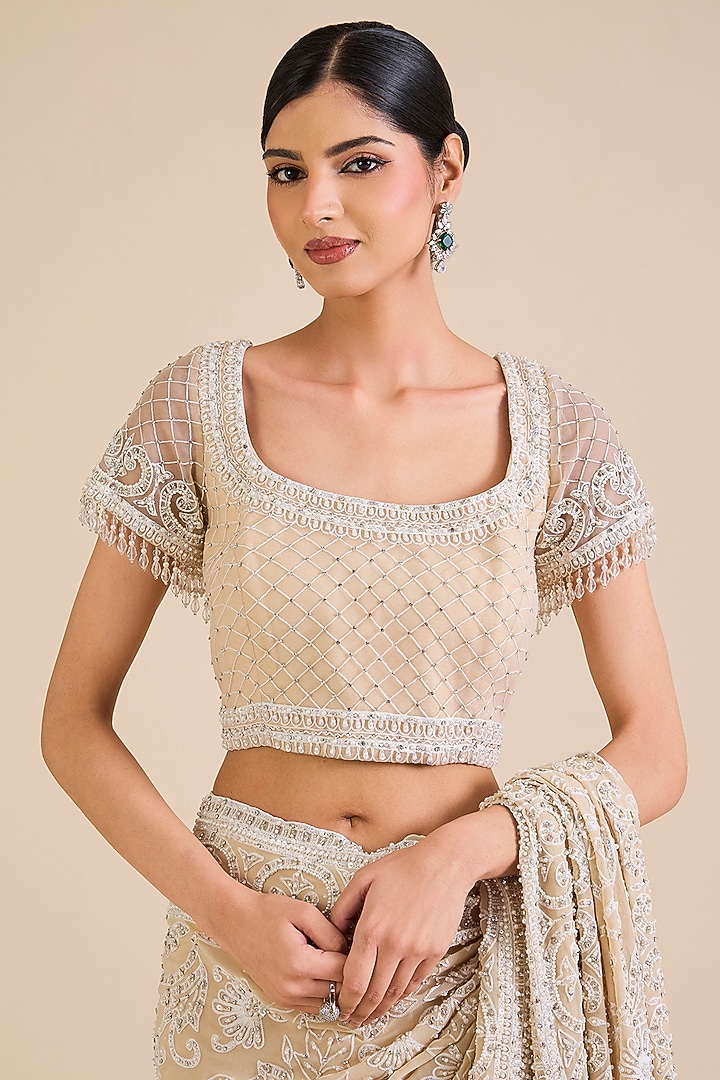 Beige Georgette Crystal Embroidered Pre-Draped Bridal Saree Set by Cherie D at Pernia's Pop Up Shop