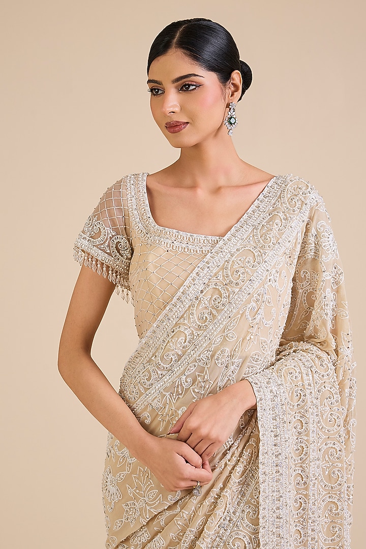 Beige Georgette Crystal Embroidered Pre-Draped Bridal Saree Set by Cherie D at Pernia's Pop Up Shop