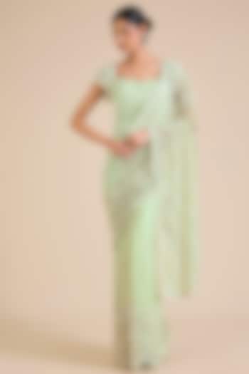 Sage Green Net Crystal Embroidered Bridal Saree Set by Cherie D at Pernia's Pop Up Shop