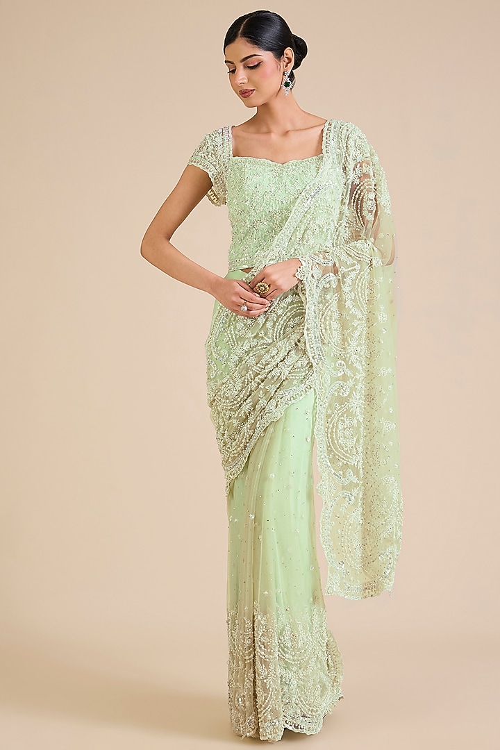 Sage Green Net Crystal Embroidered Bridal Saree Set by Cherie D at Pernia's Pop Up Shop
