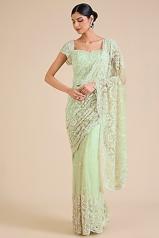 Sage Green Net Crystal Embroidered Saree Set by Cherie D