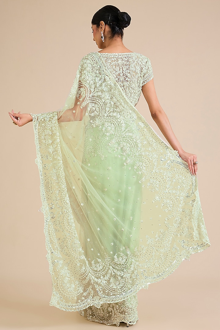 Sage Green Net Crystal Embroidered Bridal Saree Set by Cherie D at Pernia's Pop Up Shop