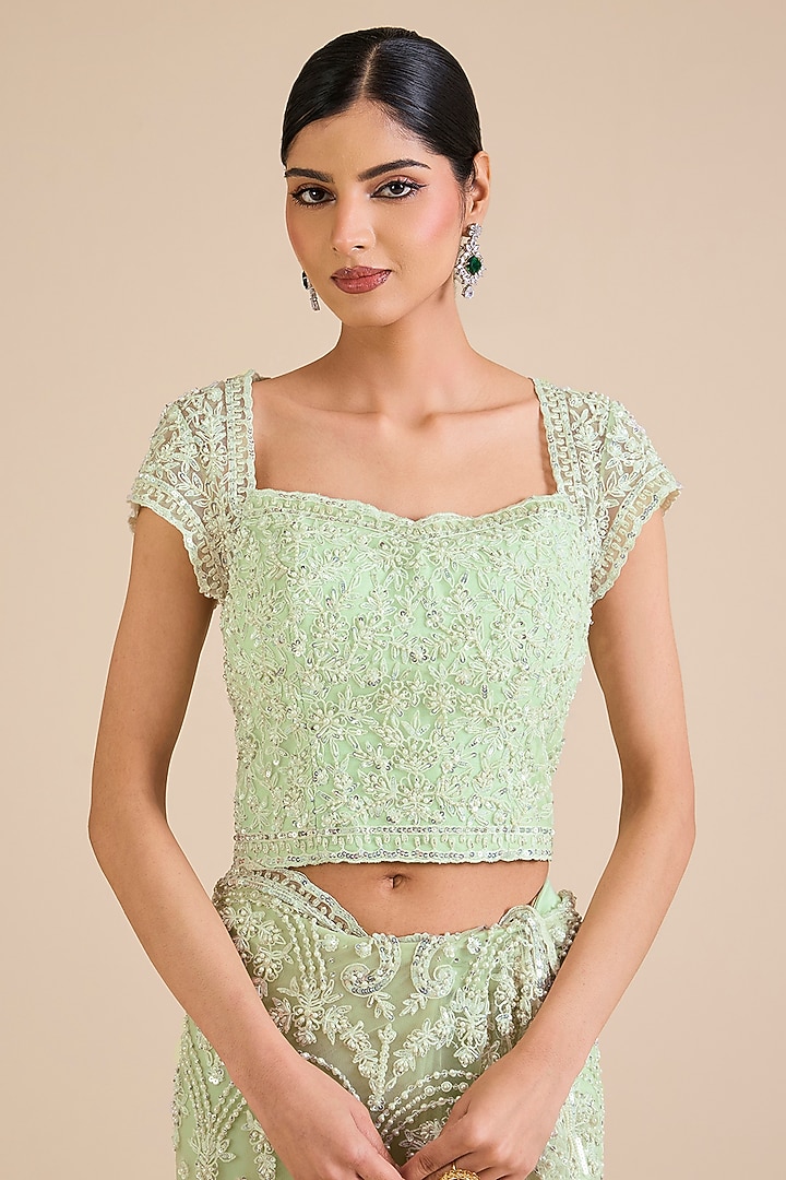 Sage Green Net Crystal Embroidered Bridal Saree Set by Cherie D at Pernia's Pop Up Shop