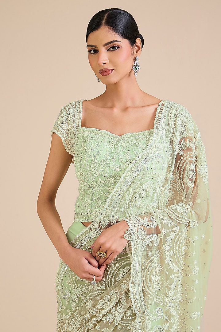 Sage Green Net Crystal Embroidered Bridal Saree Set by Cherie D at Pernia's Pop Up Shop