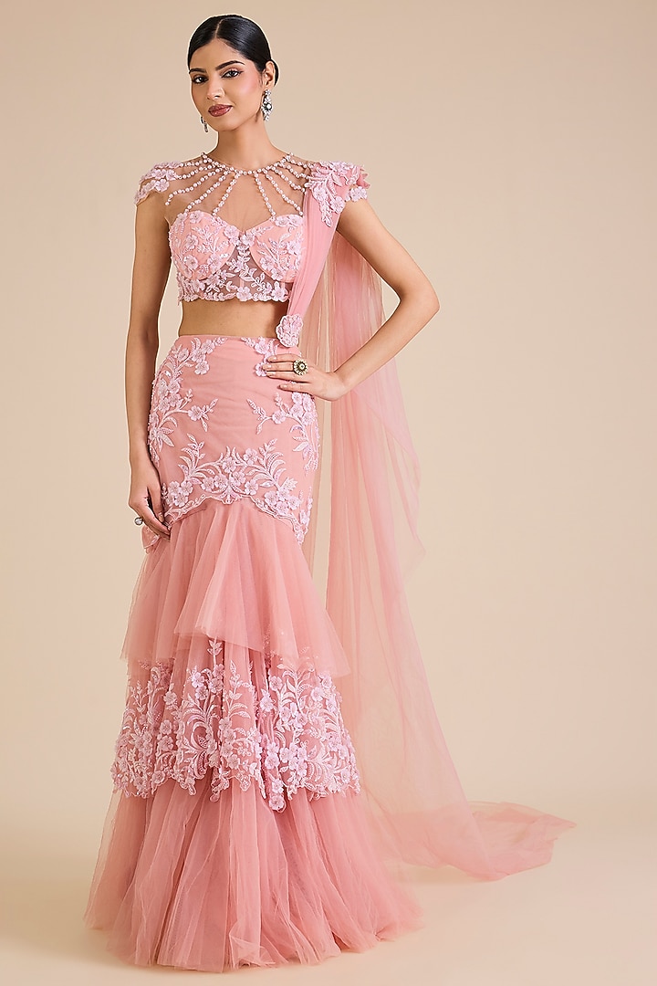 Pink Net Embroidered Concept Bridal Saree Set by Cherie D at Pernia's Pop Up Shop