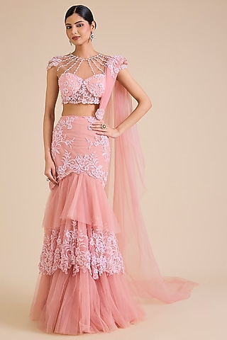 Pink Net Embroidered Concept Saree Set by Cherie D
