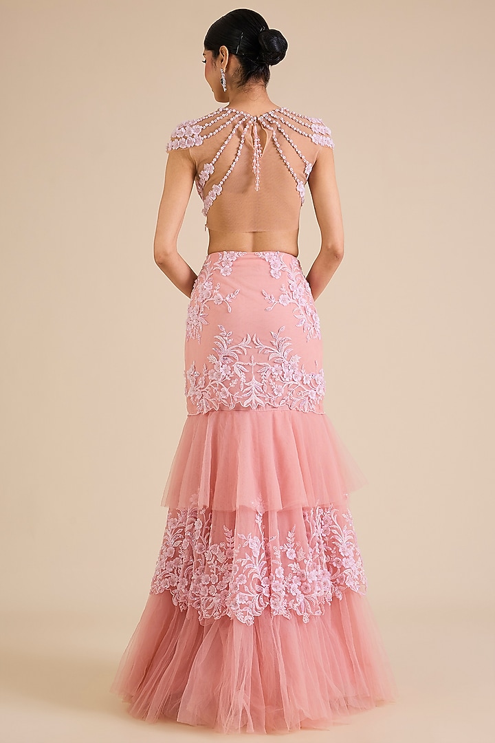 Pink Net Embroidered Concept Bridal Saree Set by Cherie D at Pernia's Pop Up Shop