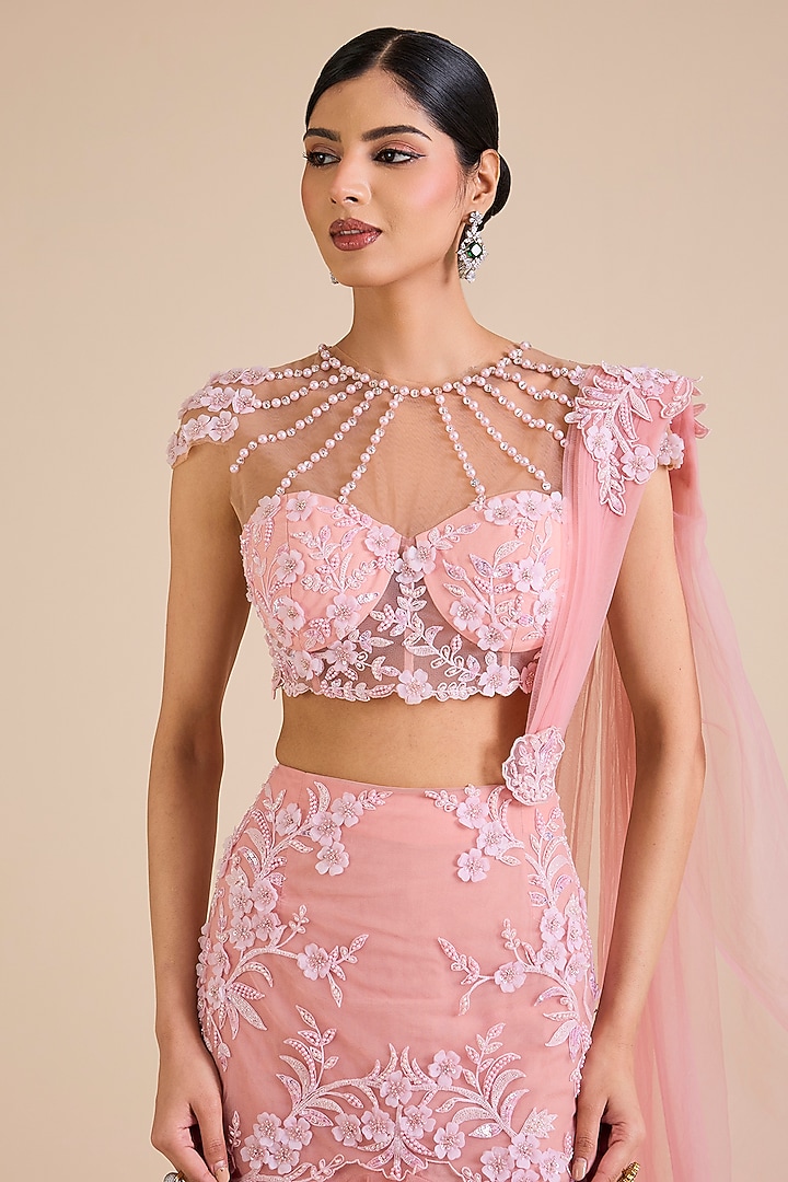 Pink Net Embroidered Concept Bridal Saree Set by Cherie D at Pernia's Pop Up Shop