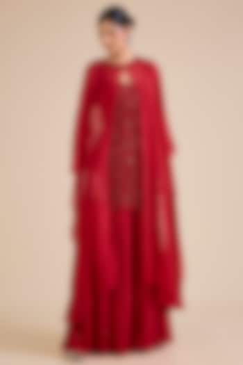 Red Flat Chiffon Embroidered Cape Set by Cherie D at Pernia's Pop Up Shop