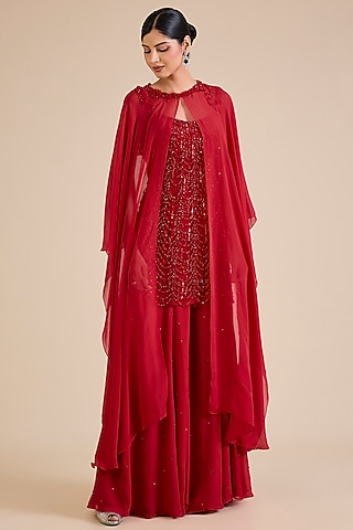 Red Flat Chiffon Embroidered Cape Set by Cherie D