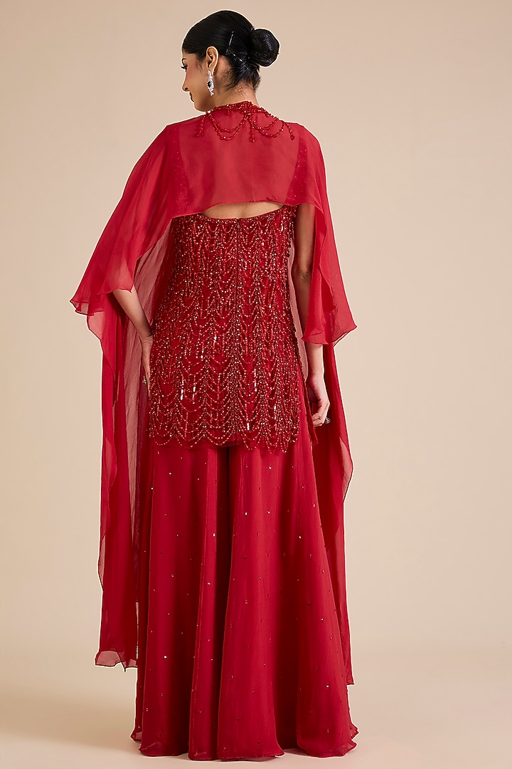 Red Flat Chiffon Embroidered Cape Set by Cherie D at Pernia's Pop Up Shop