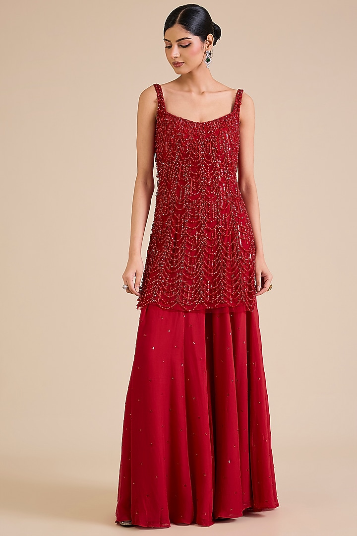 Red Flat Chiffon Embroidered Cape Set by Cherie D at Pernia's Pop Up Shop