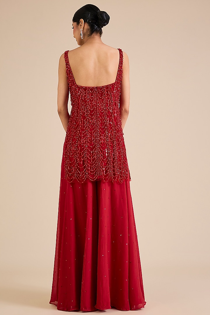 Red Flat Chiffon Embroidered Cape Set by Cherie D at Pernia's Pop Up Shop