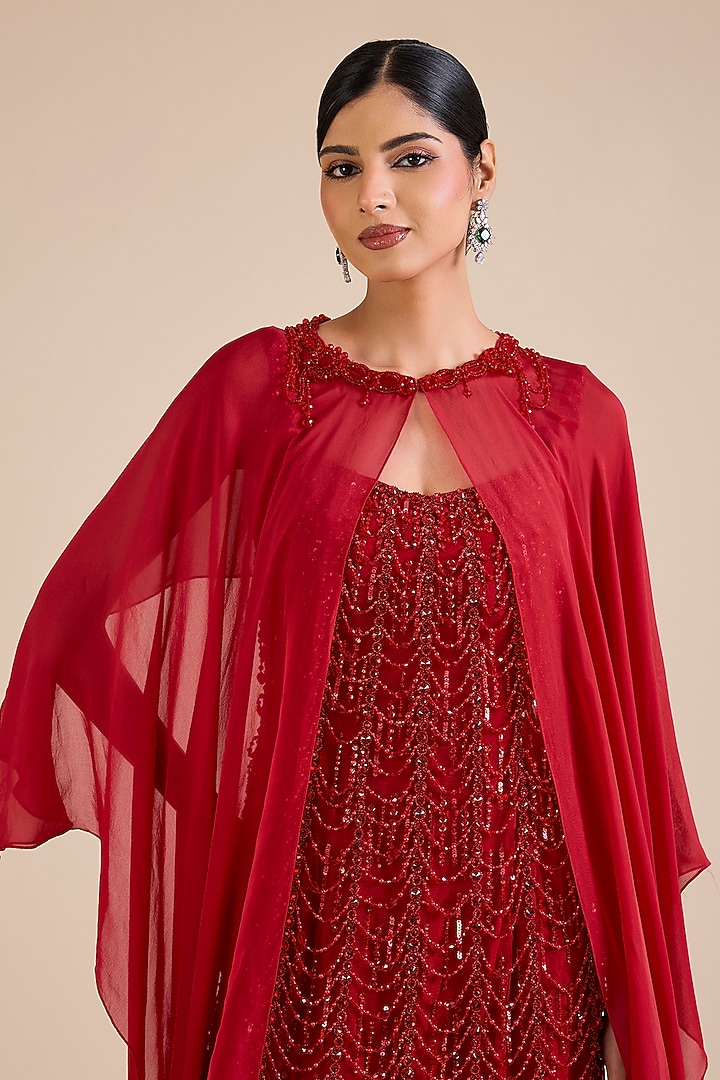 Red Flat Chiffon Embroidered Cape Set by Cherie D at Pernia's Pop Up Shop