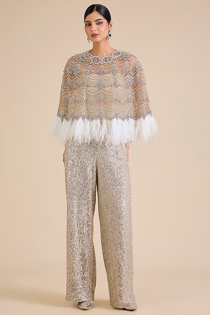 Silver Sequins Embroidered Jumpsuit With Cape by Cherie D at Pernia's Pop Up Shop