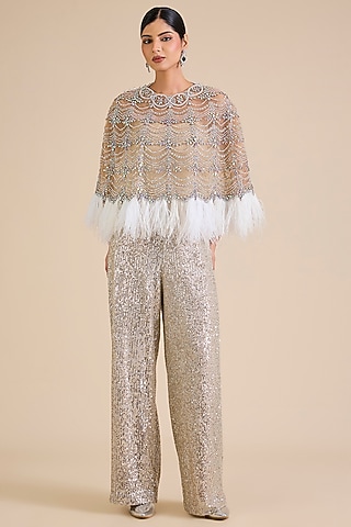 Silver Sequins Embroidered Jumpsuit With Cape by Cherie D