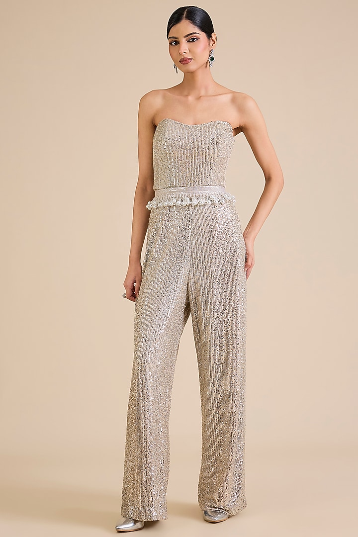 Silver Sequins Embroidered Jumpsuit With Cape by Cherie D at Pernia's Pop Up Shop