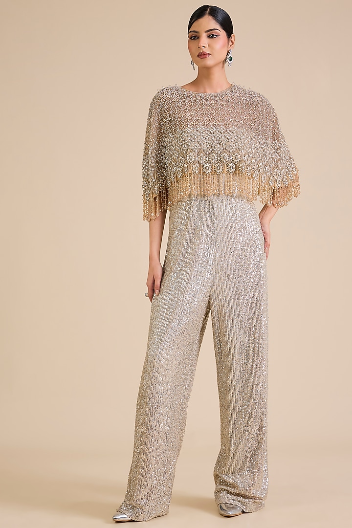 Gold Sequins Embroidered Jumpsuit With Cape by Cherie D at Pernia's Pop Up Shop