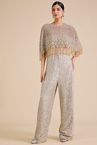 Gold Sequins Embroidered Jumpsuit With Cape by Cherie D