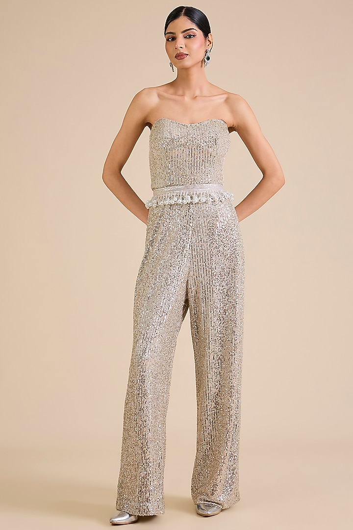 Gold Sequins Embroidered Jumpsuit With Cape by Cherie D at Pernia's Pop Up Shop