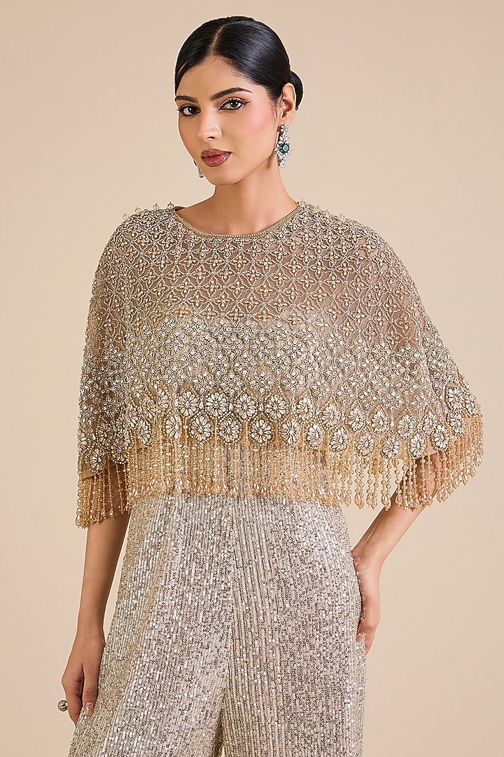 Gold Sequins Embroidered Jumpsuit With Cape by Cherie D at Pernia's Pop Up Shop