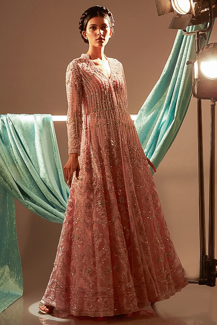 Pink Tulle Threadwork Embroidered Bridal Anarkali Style Jacket Set by Cherie D at Pernia's Pop Up Shop