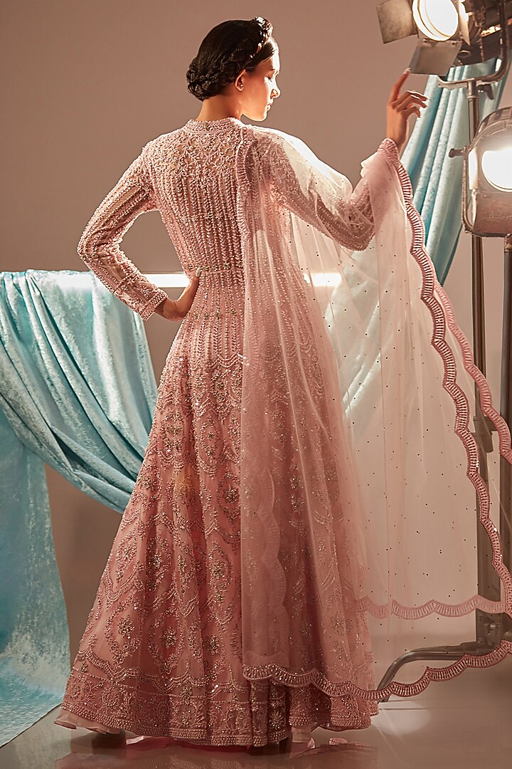 Pink Tulle Threadwork Embroidered Bridal Anarkali Style Jacket Set by Cherie D at Pernia's Pop Up Shop