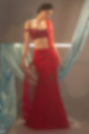 Red Tulle & Sequins Thread Embroidered Ruffled Draped Reception Saree Set by Cherie D at Pernia's Pop Up Shop