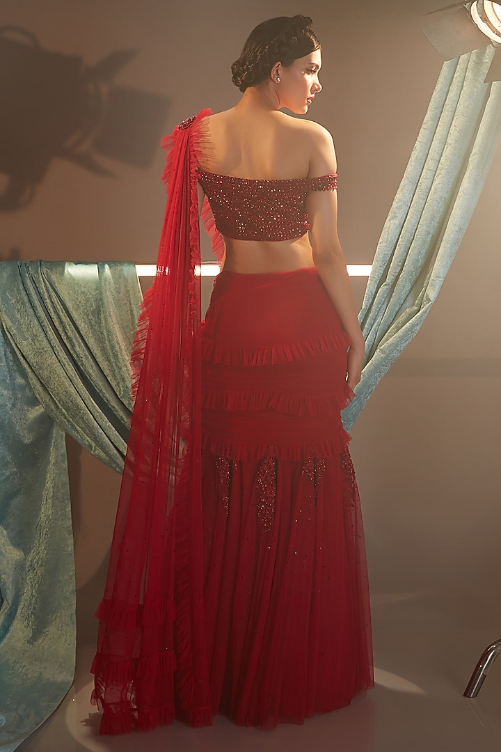 Red Tulle & Sequins Thread Embroidered Ruffled Draped Reception Saree Set by Cherie D at Pernia's Pop Up Shop