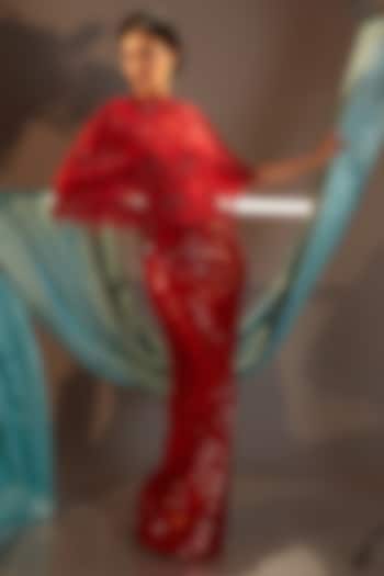 Red Tulle Crystal Embroidered Cape Set by Cherie D at Pernia's Pop Up Shop