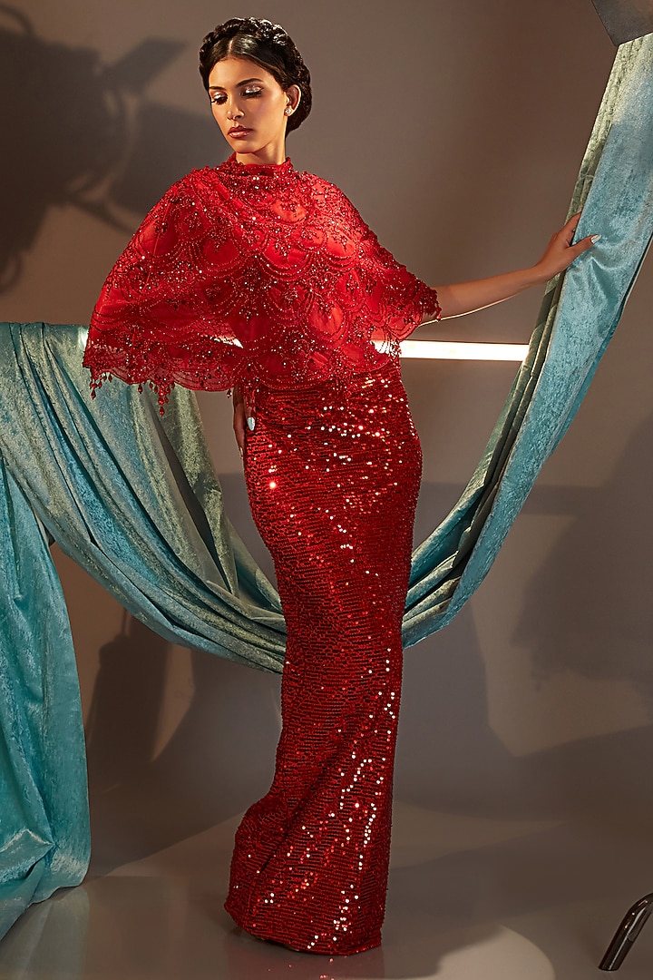 Red Tulle Crystal Embroidered Cape Set by Cherie D at Pernia's Pop Up Shop