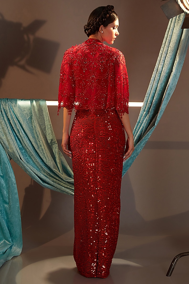 Red Tulle Crystal Embroidered Cape Set by Cherie D at Pernia's Pop Up Shop