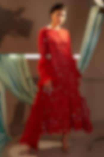 Red Tulle Threadwork Embroidered Bridal Anarkali Style Jacket Set by Cherie D at Pernia's Pop Up Shop