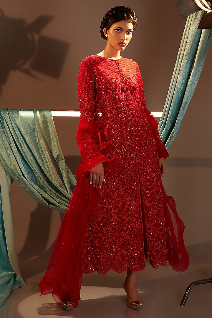 Red Tulle Threadwork Embroidered Bridal Anarkali Style Jacket Set by Cherie D at Pernia's Pop Up Shop