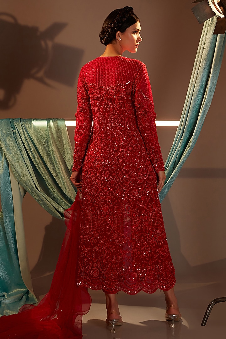 Red Tulle Threadwork Embroidered Bridal Anarkali Style Jacket Set by Cherie D at Pernia's Pop Up Shop