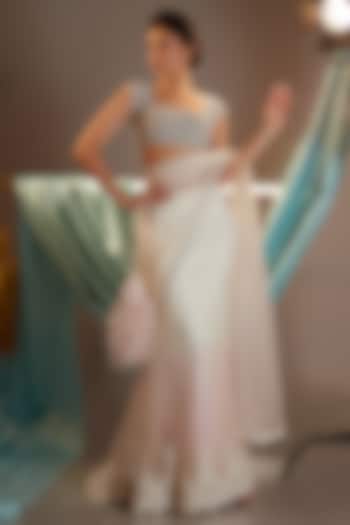 Ivory & Pink Ombre Tulle Pearl Embroidered Reception Lehenga Saree Set by Cherie D at Pernia's Pop Up Shop
