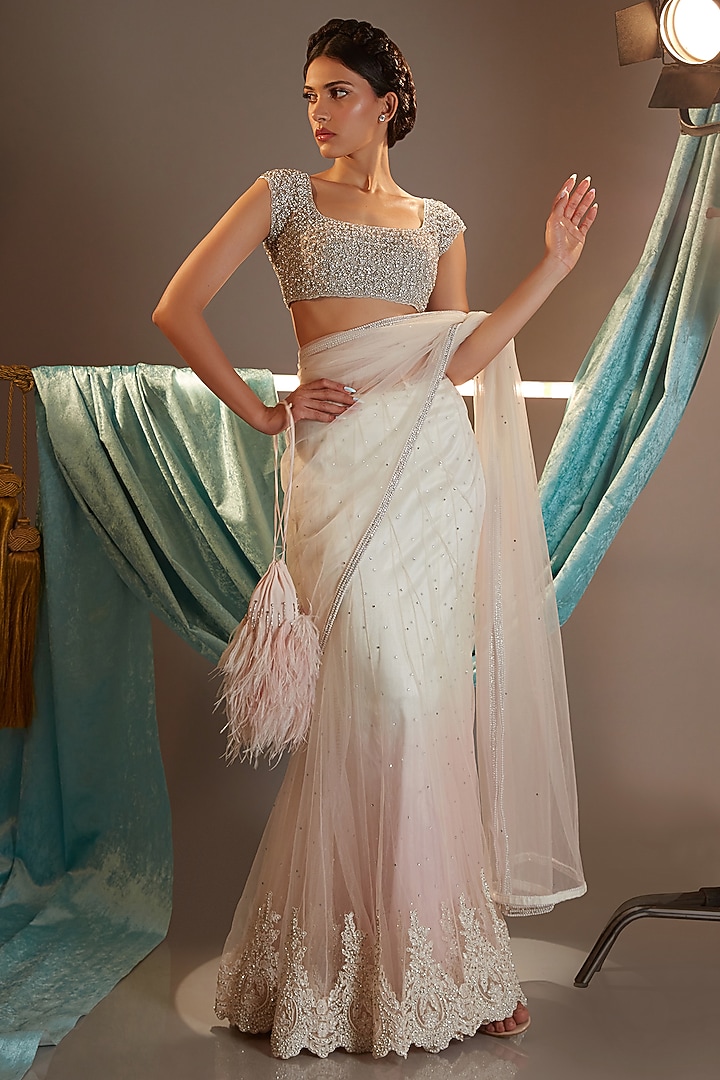 Ivory & Pink Ombre Tulle Pearl Embroidered Reception Lehenga Saree Set by Cherie D at Pernia's Pop Up Shop