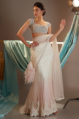 Ivory & Pink Ombre Tulle Pearl Embroidered Lehenga Saree Set by Cherie D