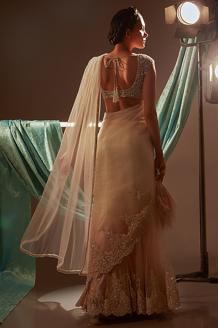 Ivory & Pink Ombre Tulle Pearl Embroidered Reception Lehenga Saree Set by Cherie D at Pernia's Pop Up Shop