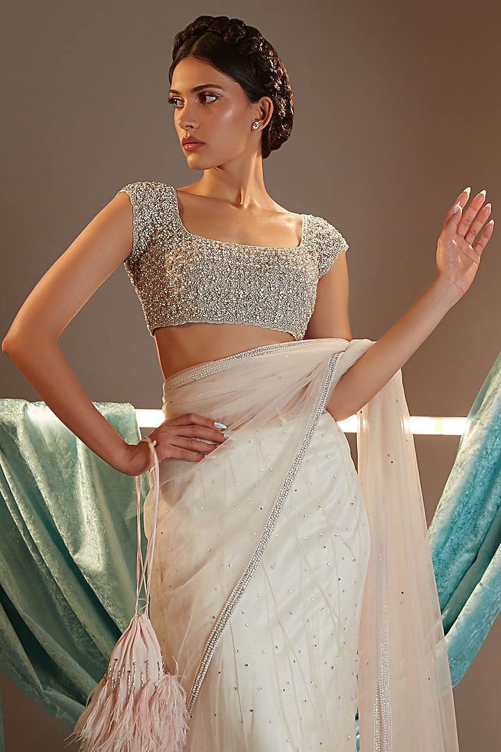 Ivory & Pink Ombre Tulle Pearl Embroidered Reception Lehenga Saree Set by Cherie D at Pernia's Pop Up Shop
