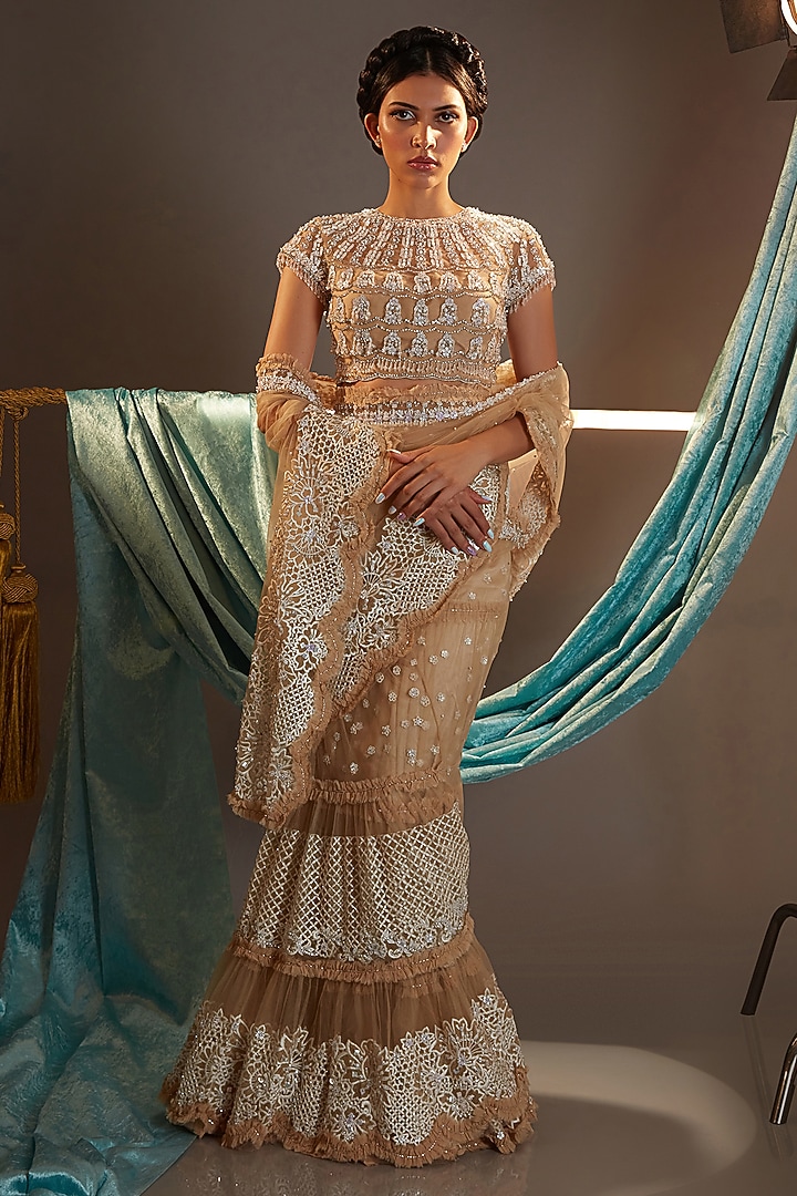 Nude & Ivory Tulle Threadwork Embroidered Tiered Bridal Lehenga Saree Set by Cherie D at Pernia's Pop Up Shop