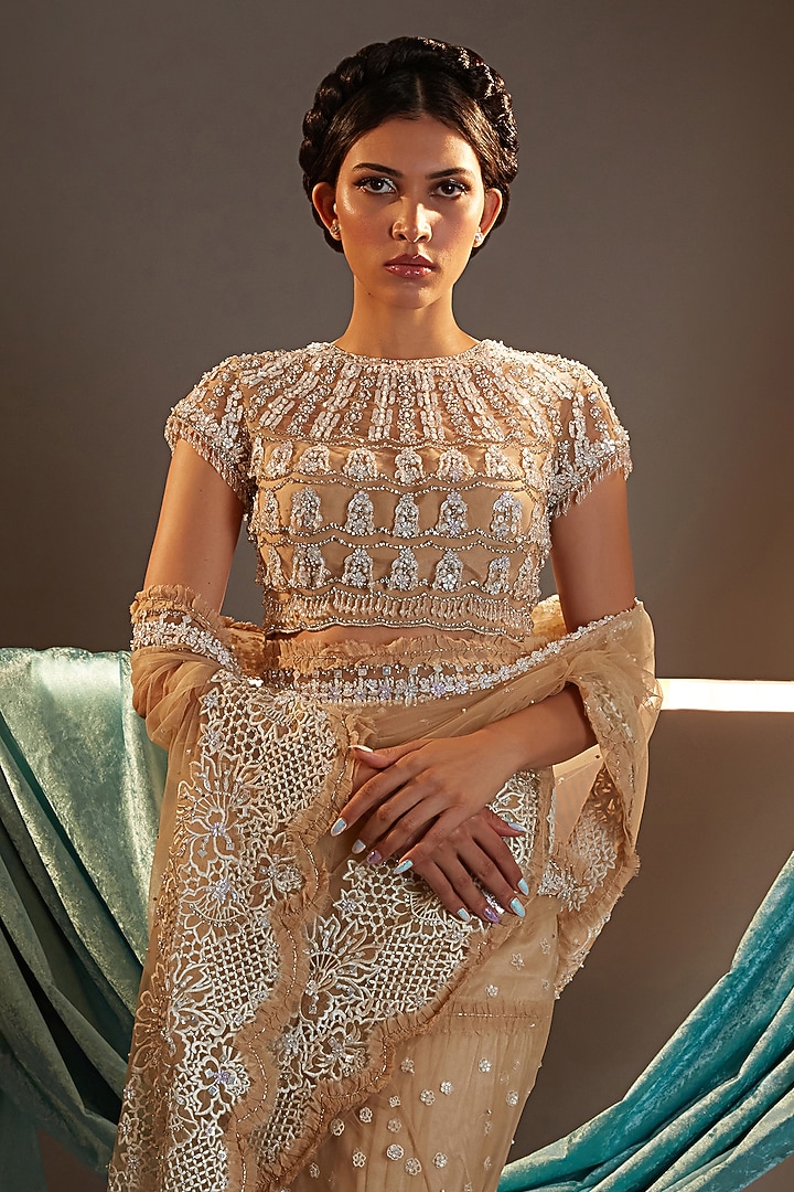 Nude & Ivory Tulle Threadwork Embroidered Tiered Bridal Lehenga Saree Set by Cherie D at Pernia's Pop Up Shop