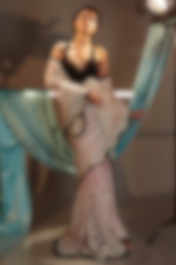 Pink & Black Tulle Threadwork Embroidered Draped Bridal Saree Set by Cherie D at Pernia's Pop Up Shop