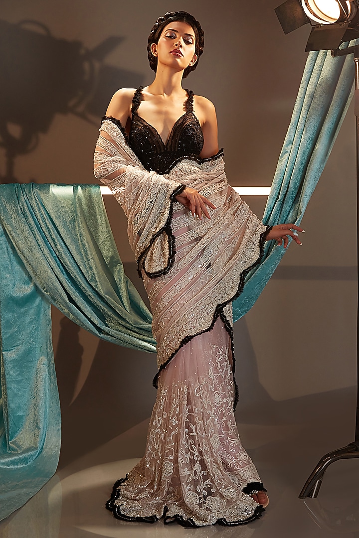 Pink & Black Tulle Threadwork Embroidered Draped Bridal Saree Set by Cherie D at Pernia's Pop Up Shop