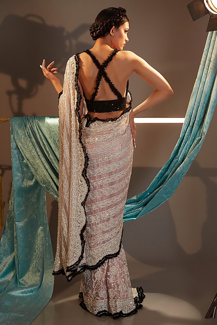 Pink & Black Tulle Threadwork Embroidered Draped Bridal Saree Set by Cherie D at Pernia's Pop Up Shop