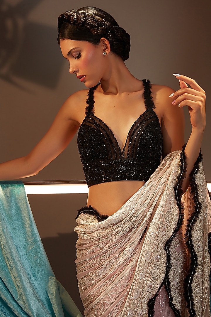 Pink & Black Tulle Threadwork Embroidered Draped Bridal Saree Set by Cherie D at Pernia's Pop Up Shop