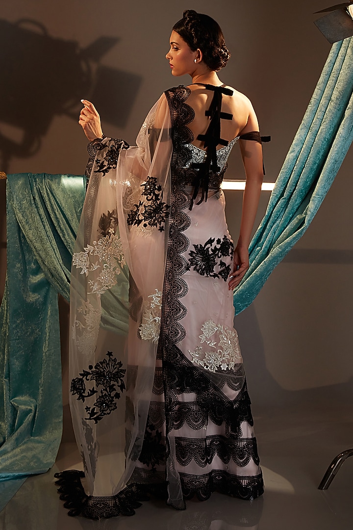 Multi-Colored Tulle Crystal Embroidered Draped Bridal Saree Set by Cherie D at Pernia's Pop Up Shop
